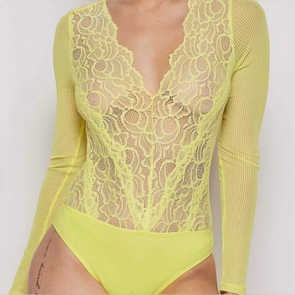 Tops - Yellow Lace Sheer Bodysuit